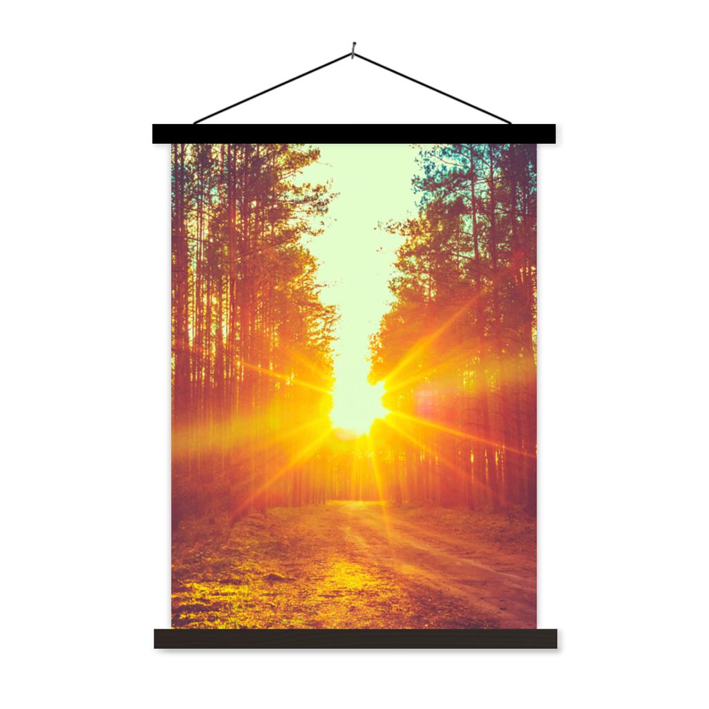 MuchoWow Textilposter Sonnenuntergang - Bäume - Wald - Natur 60x80 cm mit schwarzem Rahmen - Plakathalter