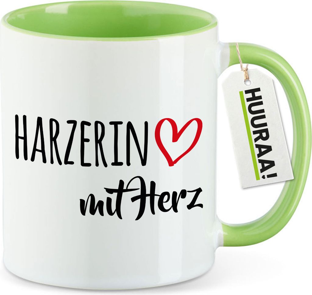 Huuraa Kaffeetasse Harzerin mit Herz 330ml Grün Keramik Kaffeebecher Geschenkidee