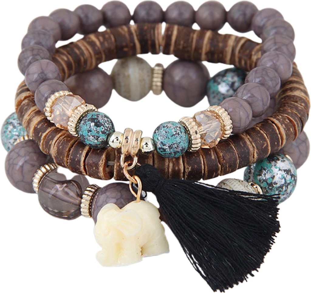 3 Teile/satz Elastische Seil Multilayer Harz Frauen Armbänder Frauen Böhmen Elefanten Quaste Perlen Armbänder Schmuck Zubehör-Schwarz