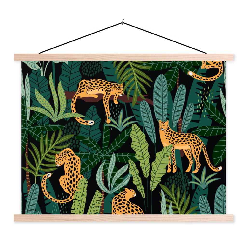 MuchoWow Textilposter Dschungel - Panther - Muster - Jungen - Mädchen - Pflanzen 60x45 cm mit holzfarbenen Rahmen - Bild