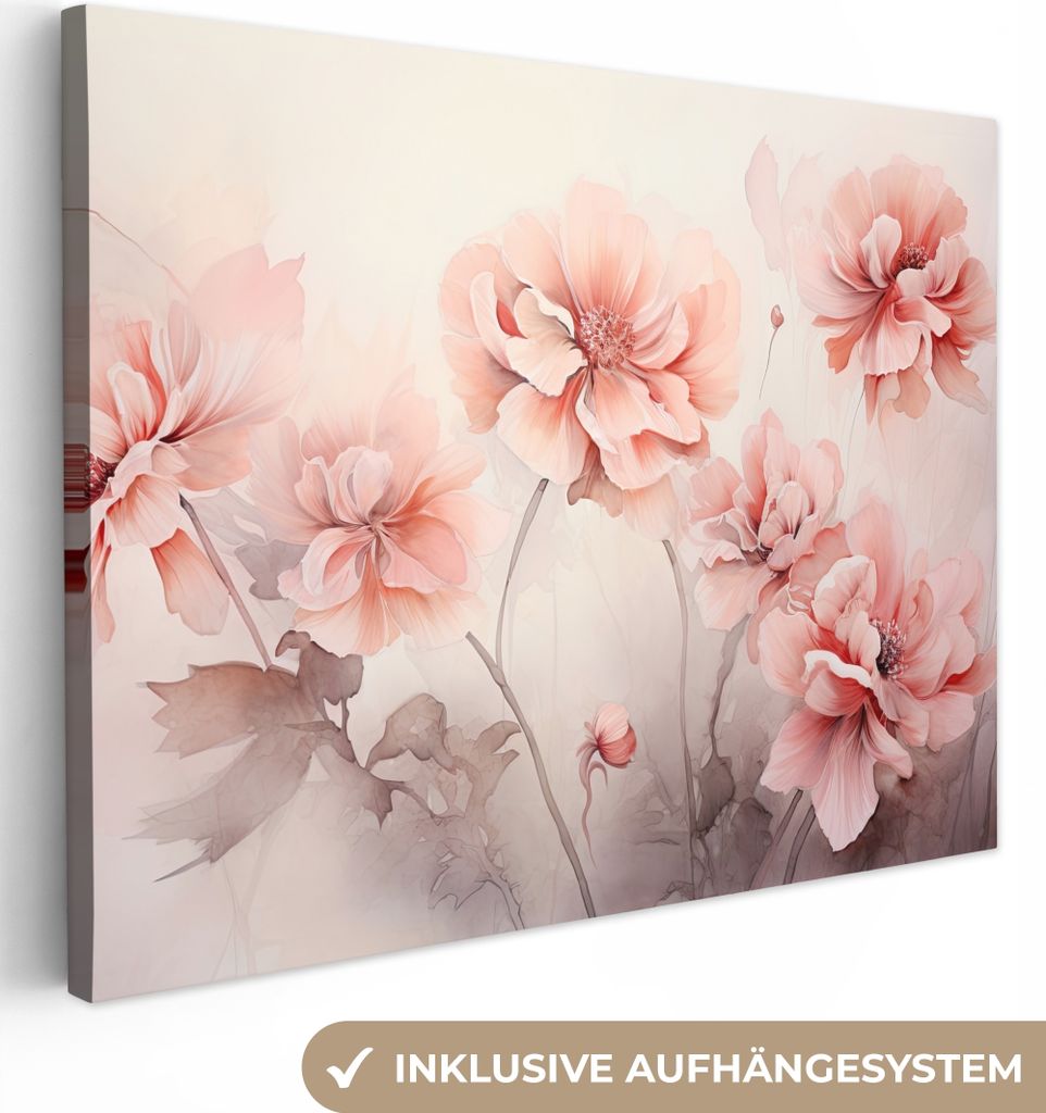 MuchoWow - Leinwandbilder - Blumen - Rosa - Kunst - Abstrakt - Aquarell, Wandbild, Wanddeko Bilder Wohnzimmer, 40x30 cm