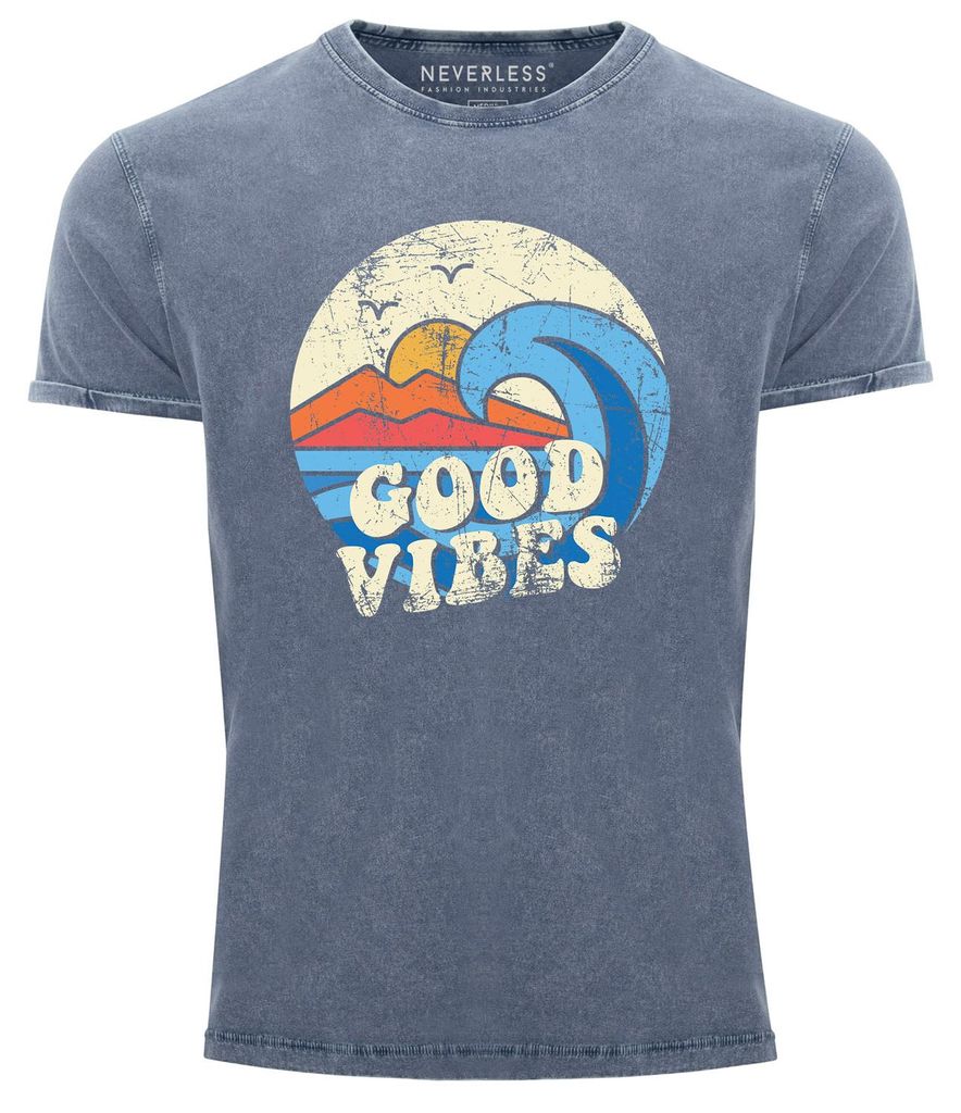 Herren T-Shirt Schrift Good Vibes Welle Hippie Slogan Statement Surf Design Vintage Retro Printshirt Neverless blau L
