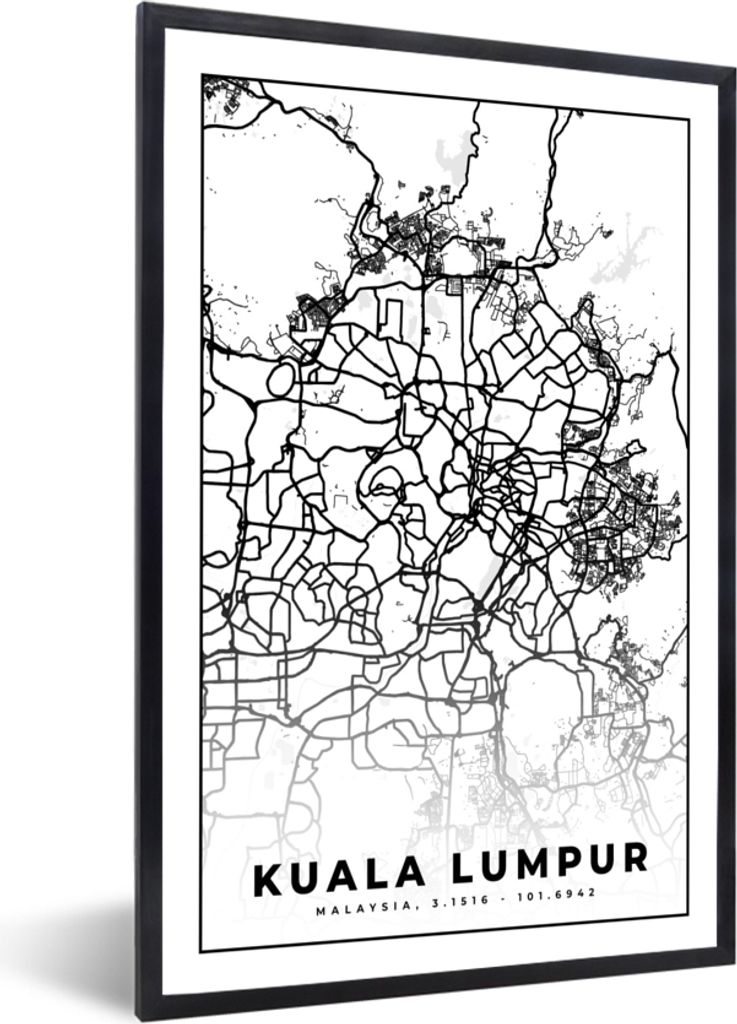 MuchoWow Gerahmtes Poster Kuala Lumpur - Karte - Stadtplan - Schwarz und weiß 40x60 cm - Poster mit Schwarzem Bilderrahmen Wandposter Rahmen Fot...