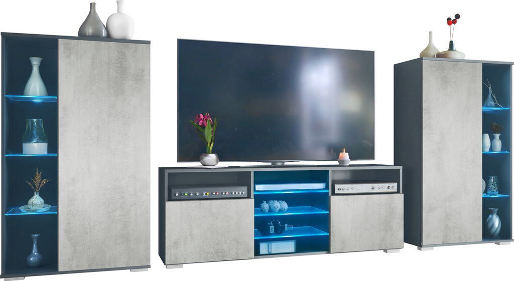 Vladon Wohnwand Davos, Anbauwand bestehend aus 2 Vitrinen und 1 TV-Board, Anthrazit matt/Beton Oxid Optik inkl. LED-Beleuchtung (329 x 134 x 35 cm)