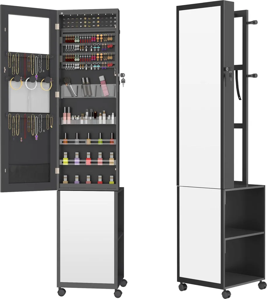 Armoire à bijoux verrouillable avec 6 LED et miroir intégral sur pied