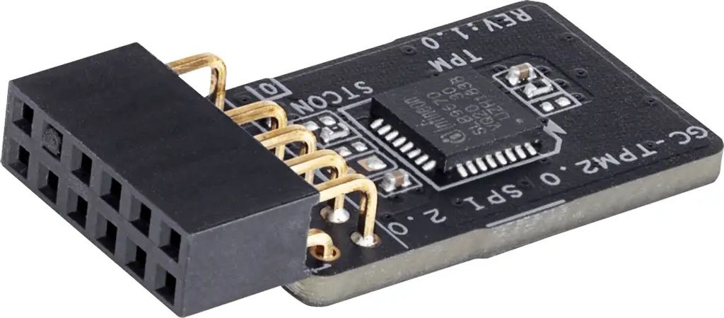 A close-up shot of a Gigabyte GC-TPM2.0 SPI V2 TPM module on a white background.