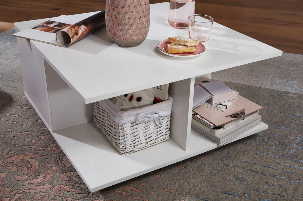 Table Basse à Roulettes Blanche 70 cm avec Double Tiroir et Compartiments