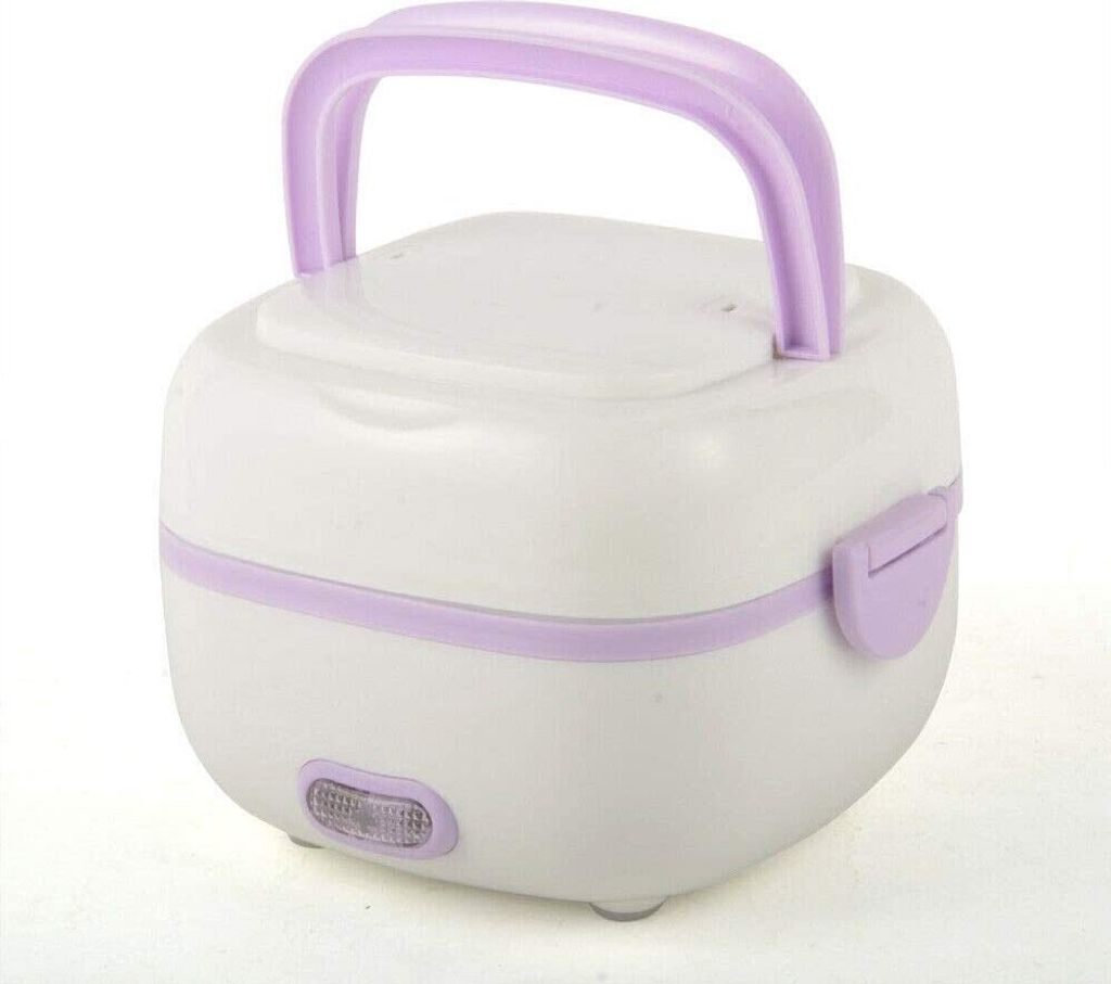 A white and purple portable lunchbox with a handle.