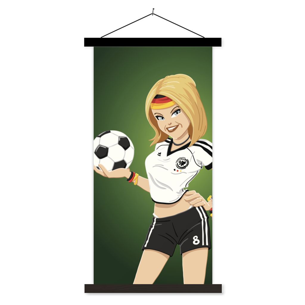 MuchoWow Textilposter Illustration eines Mädchens mit deutscher Kleidung und einem Fußball - Mädchen - Kinder 40x80 cm mit schwarzem Rahmen - ...