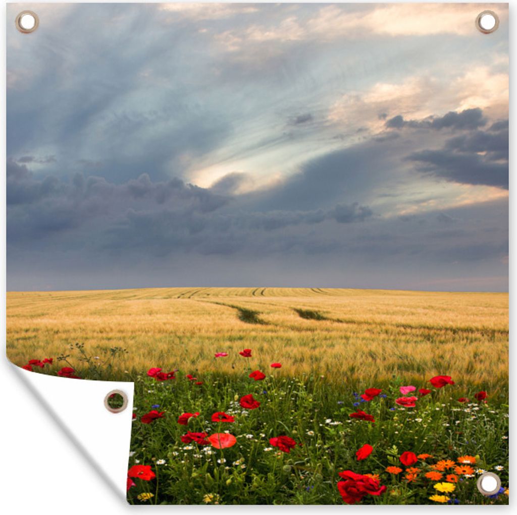 MuchoWow 100x100 cm Outdoor-Poster Gartendeko Sichtschutz Garten Poster für den Garten Blumen - Weizen - Wolken