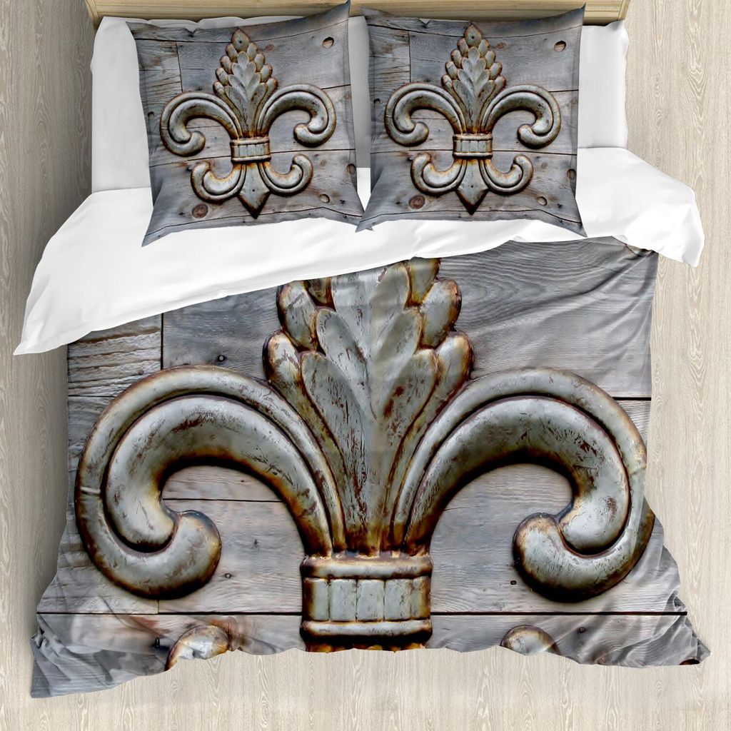 ABAKUHAUS Fleur De Lis Bettbezug Set, Altes Lilien-Symbol auf verwittertem altem hölzernem Planken-historischem Thema-Bild, 155 x 220 cm + 80 x 80...