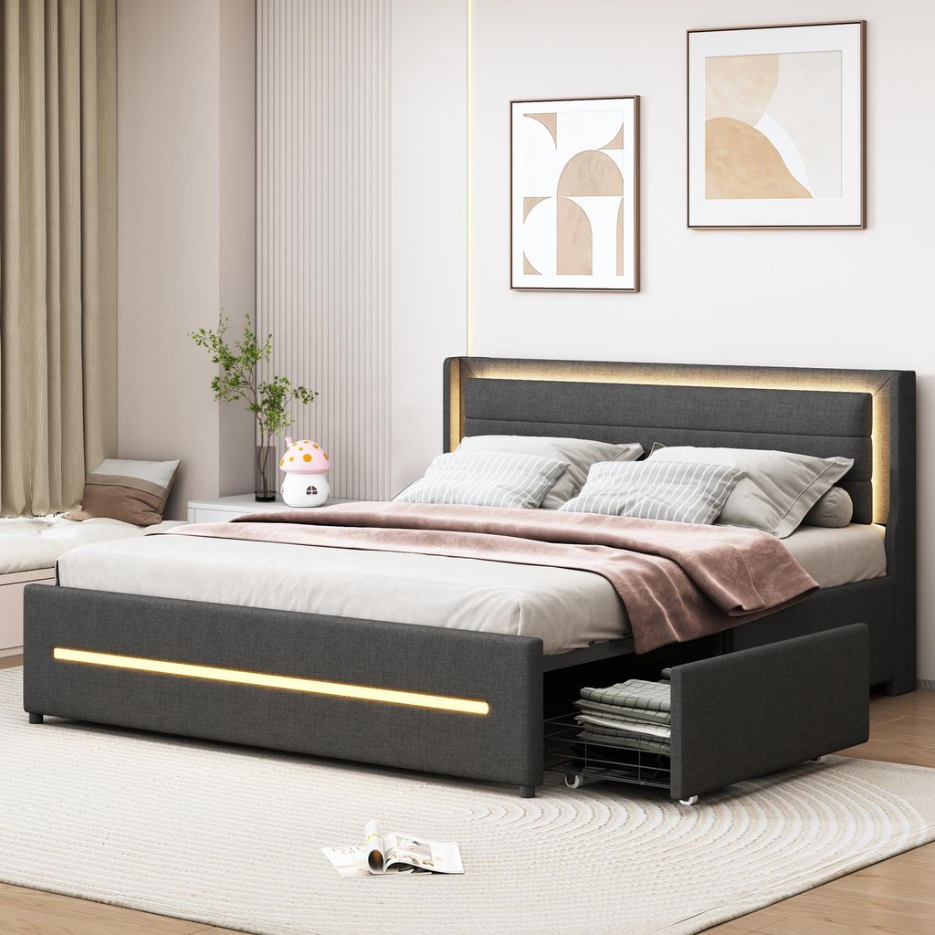 Polsterbett 160x200 mit LED-Beleuchtung, mit vier Ablagefächern, Leinenstoff, Doppelflachbett mit Lattenrost, Grau,Ohne Matratze