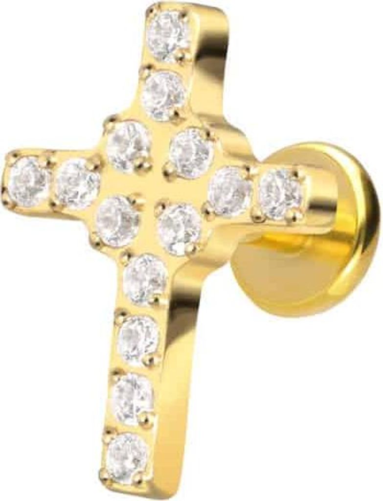 Ohrpiercing, Nasenpiercing Titan Labret mit Push Fit KRISTALLKREUZ Gold Stablänge: 5mm | Stabstärke: 1,2mm