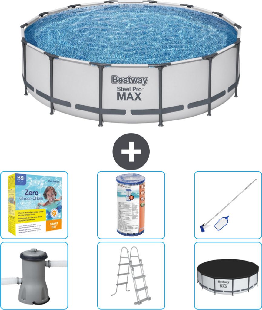 Bestway Round Steel Pro MAX Schwimmbad – 427 x 107 cm – Grau – inklusive Pumpe – Leiter – Abdeckung Wartungspaket - Filter - Reinigungskit