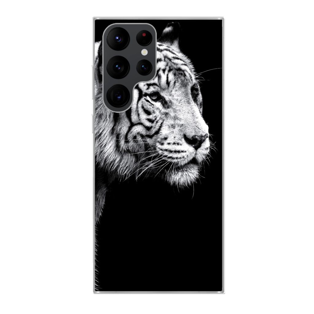 MuchoWow Handyhülle Schutzhülle Hülle für Samsung Galaxy S22 Ultra Studioaufnahme eines weißen Tigers auf schwarzem Hintergrund Silikon Soft...