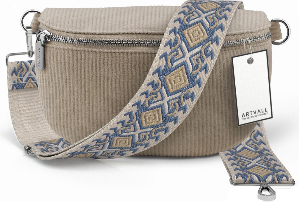 ARTVALL - Umhängetasche aus Cord, Klein mit verstellbarem Schultergurt, abnehmbares Taschenband, Crossbody Bag in Beige