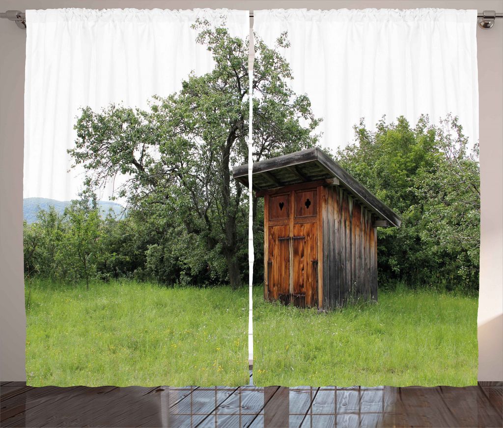 ABAKUHAUS Toilettenhäuschen Rustikaler Vorhang, Holzhütte in Wald, Wohnzimmer Universalband Gardinen mit Schlaufen und Haken, 280 x 245 cm, Grün...