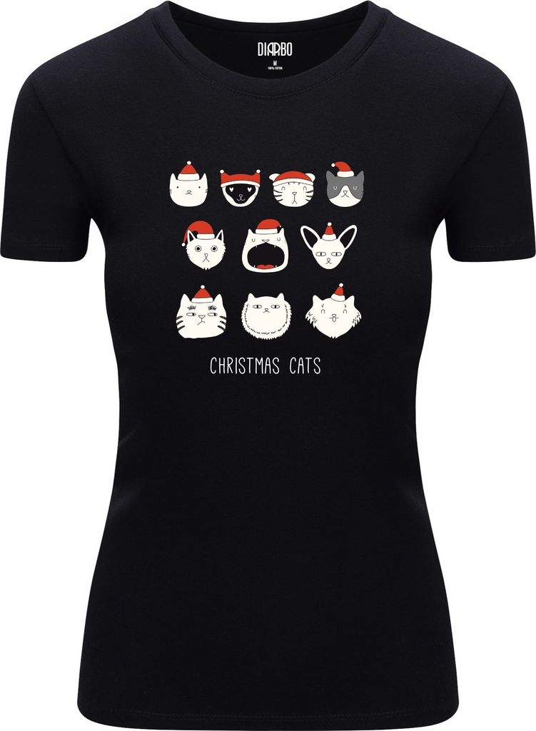Diarbo Damen Weihnachts-T-Shirt Weihnachtsgeschenk Weihnachtskatzen Schwarz Gr.S