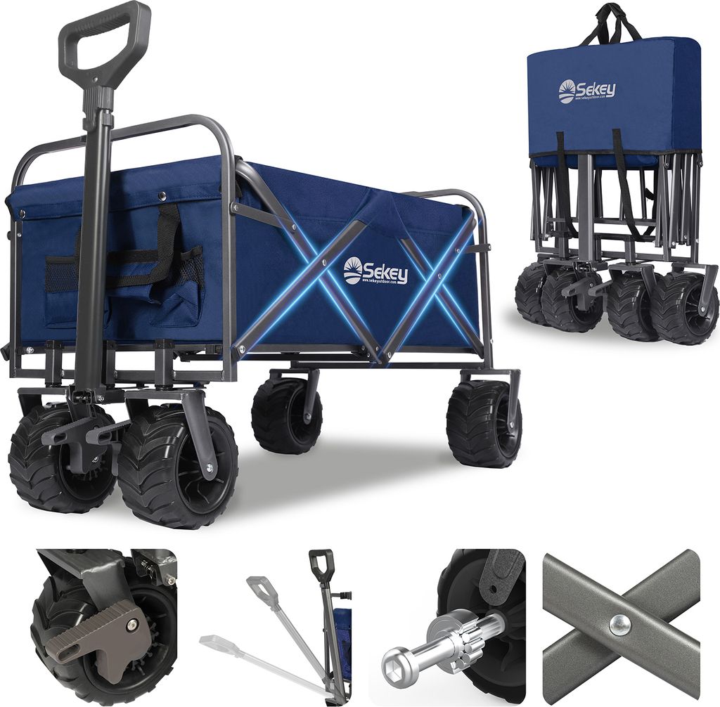 Sekey Bollerwagen faltbar Handwagen Transportwagen, Belastbar bis 200kg, Vorderrad mit 360-Grad-Lenkung, mit Bremsen, EasyFold-Serie Blau