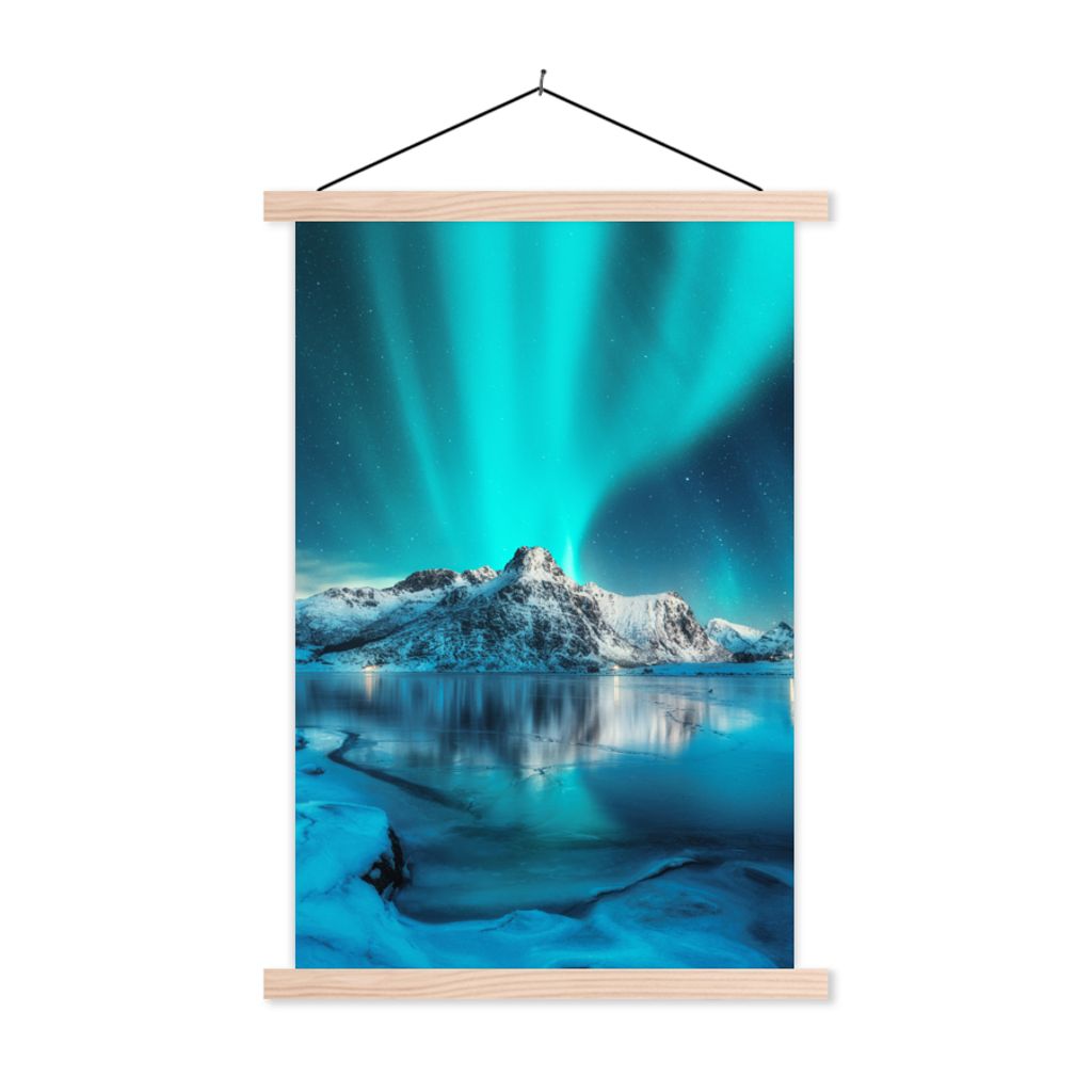 MuchoWow Textilposter Nordlicht - Eis - Schnee - Norwegen - Blau - Berge 40x60 cm mit holzfarbenen Rahmen - Poster