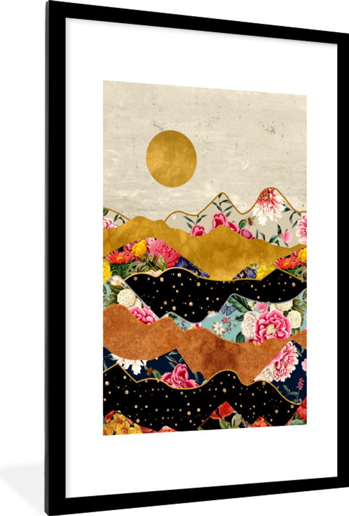 MuchoWow Gerahmtes Poster Gold - Blumen - Druck - Abstrakt - Landschaft - Muster 60x90 cm - Poster mit Schwarzem Bilderrahmen Wandposter Rahmen F...