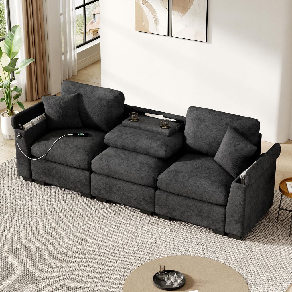 Modernes Dreisitzer-Sofa aus 80% Chenille, Stoffsofa mit Kissen, Klapptisch und USB-Anschluss, Getränkehalter und Stauraum, ein multifunktionales ...
