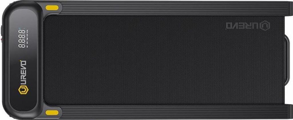 A top-down view of a black treadmill with yellow accents and a digital display.
