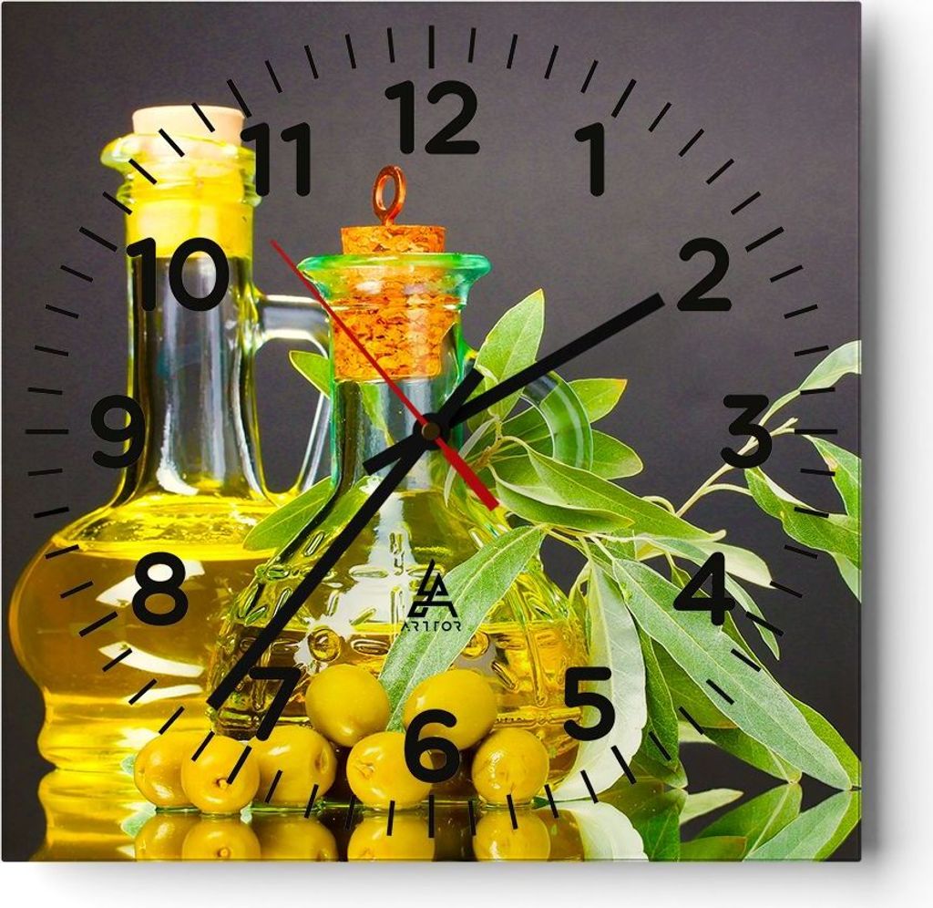 Wanduhr - Quadrat - Glasuhr - Flasche Glas Olive Öl - 30x30cm - Schleichendes Uhrwerk - Lautlos - zum Aufhängen bereit - Dekoration Modern - Wand...