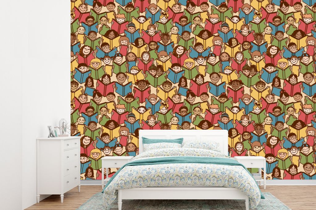 MuchoWow Fototapete für Wohnzimmer oder Schlafzimmer Wandtapete Vinyl Motivtapete Muster - Buch - Jungen - Lesen - Kinder - Kleiner Junge - 385x...