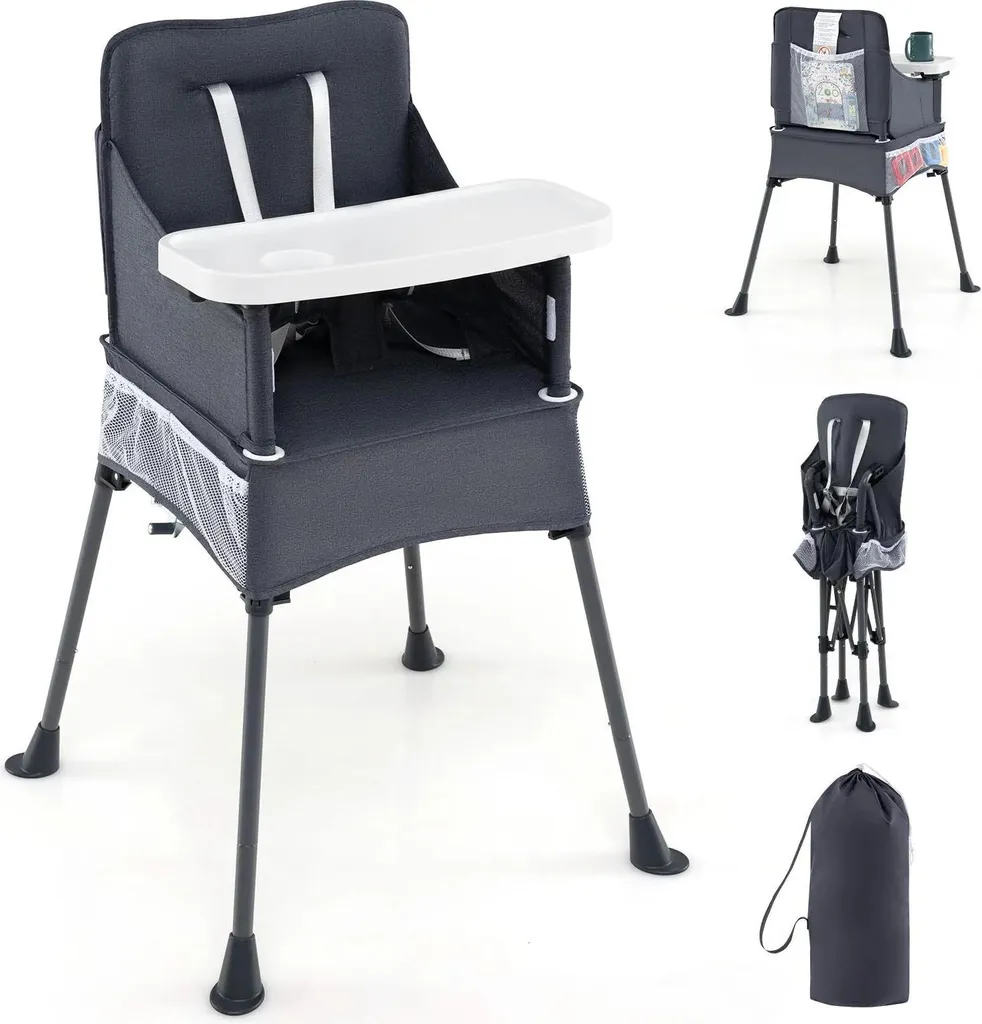 Chaise haute bébé pliable grise avec plateau réglable et sac de transport
