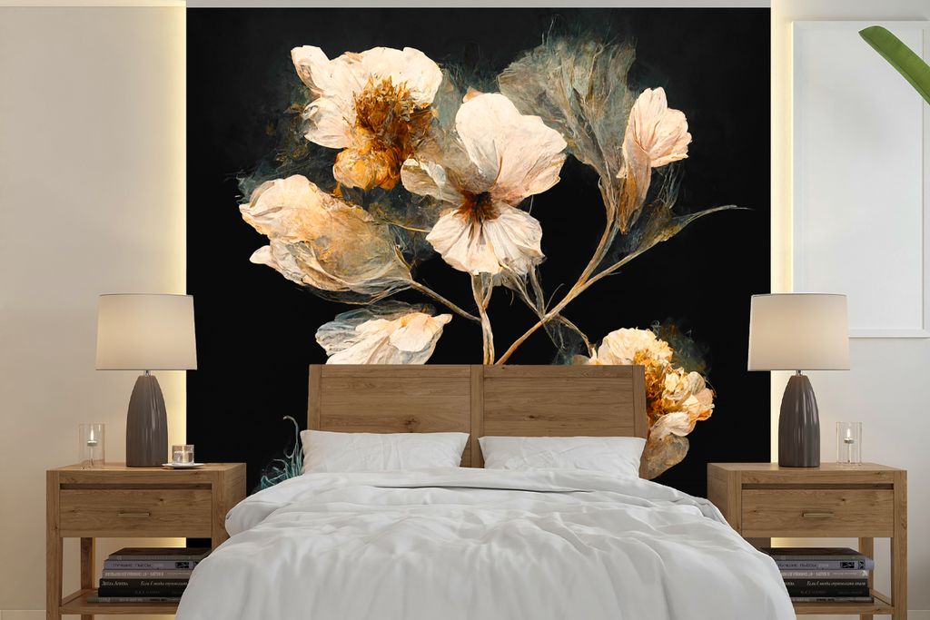 MuchoWow Fototapete für Wohnzimmer oder Schlafzimmer Wandtapete Vinyl Motivtapete Blumen - Schwarz - Pflanzen - Vintage - 220x220 cm - Tapeten