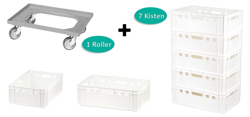 7 Stück E2-Kasten weiß + 1 Transportroller mit vier Produktbild 