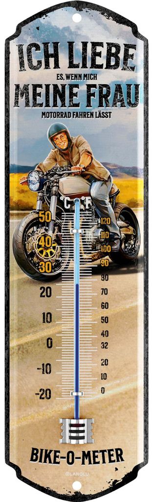 LANOLU Retro Blechschild MOTORRADFAHRER THERMOMETER Motorrad Geschenke für Männer Biker Geschenk - Schild für Werkstatt und Garage 8x28cm