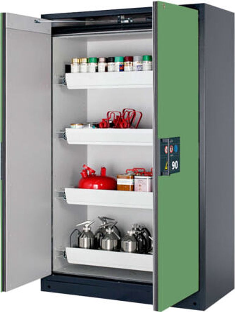 Gefahrstoffschrank - 1.953x1.193x615 mm - 4 Auszugswannen - Edelstahl - Front resedagrün