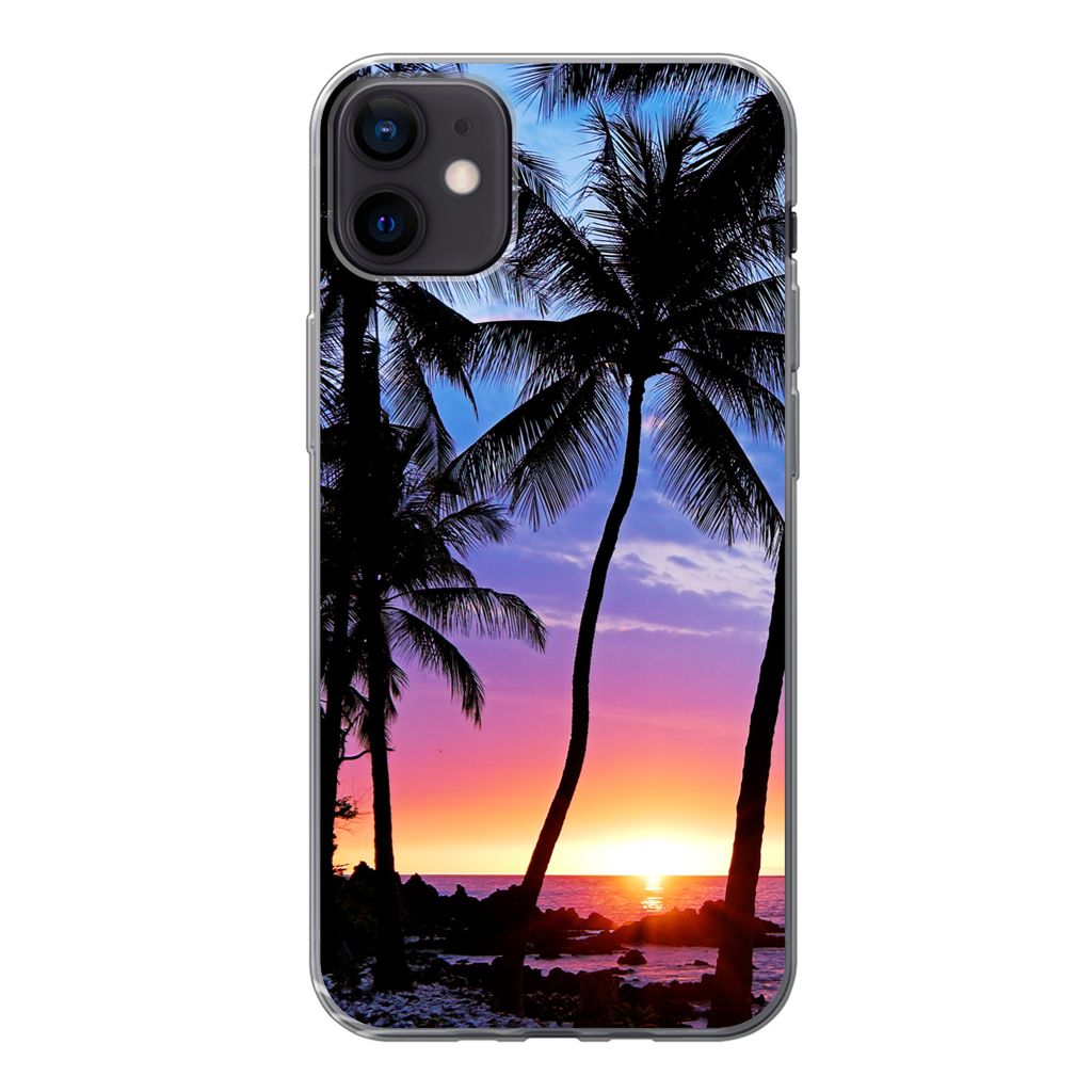 MuchoWow Handyhülle Schutzhülle Hülle für iPhone 12 mini Der farbenprächtige Sonnenuntergang hinter einer Reihe von Palmen auf Hawaii Siliko...