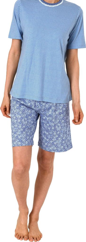 Damen Shorty Pyjama kurzarm mit Spitzenbesatz- auch in Übergrössen bis Grösse 60/62 - 191 205 90 838 ; blau , 36