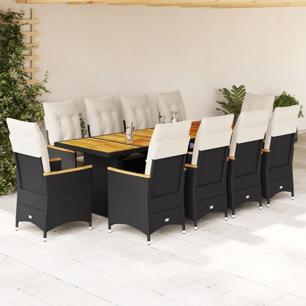 11-tlg. Garten-Bistro-Set mit Kissen Schwarz Poly Rattan, Gartenmöbel-Sets 2024 Neu