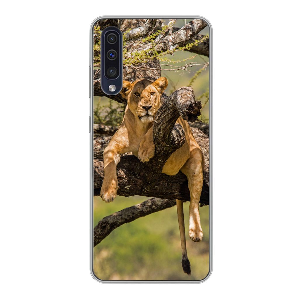 MuchoWow Handyhülle Schutzhülle Hülle für Samsung Galaxy A30s Löwe - Baum - Braun Silikon Softcase Handy Hülle - Karteninhaber