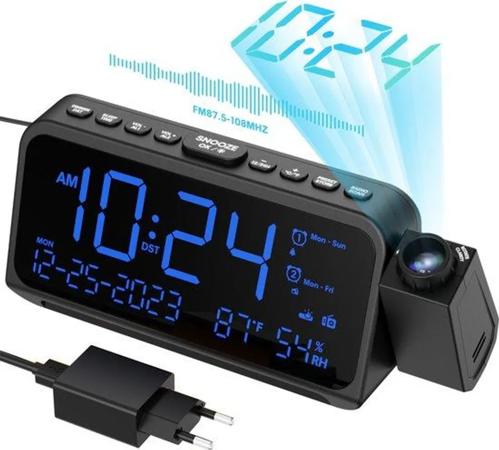Réveil à projection plafond 180° avec radio FM et recharge USB rapide