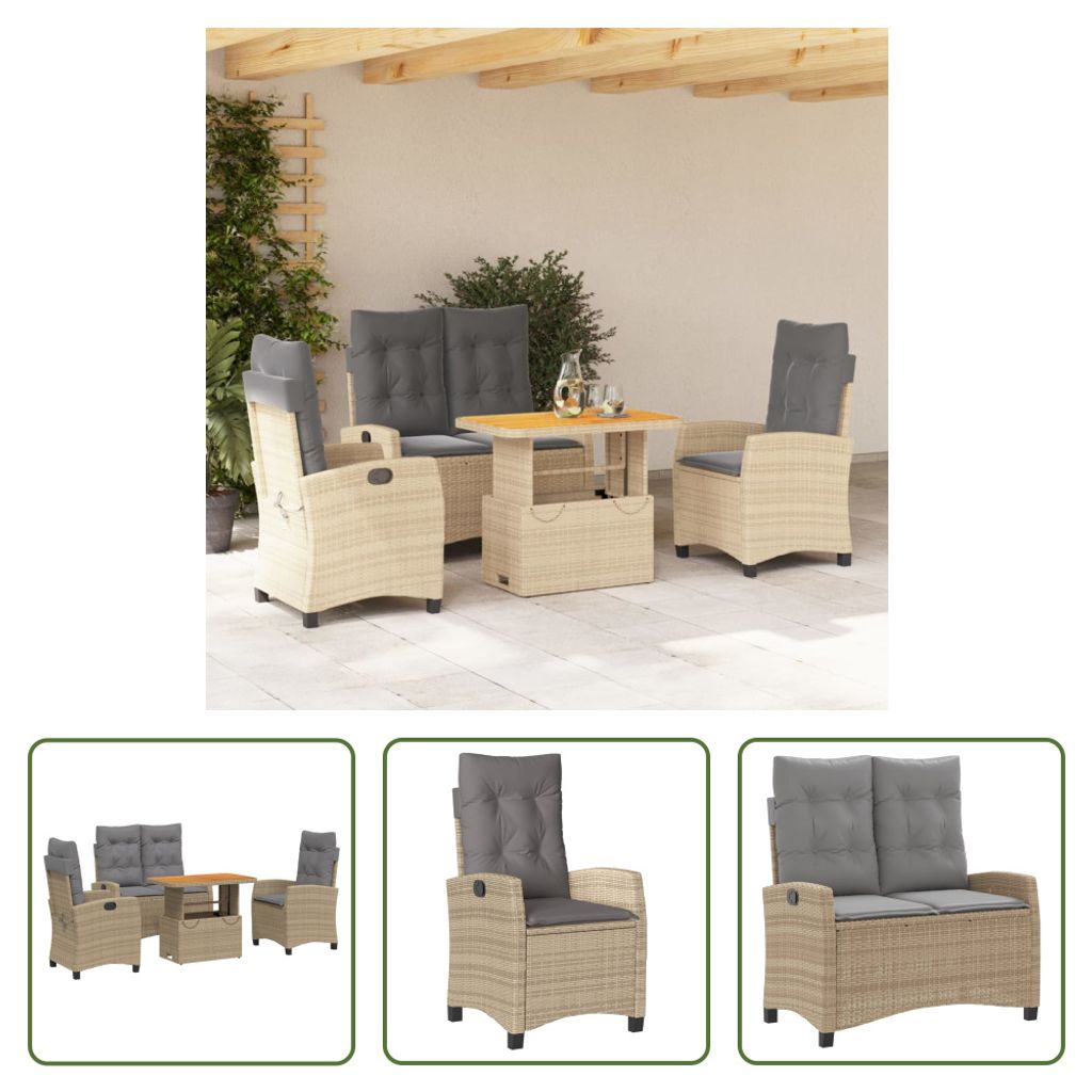 The Living Store 4-tlg. Garten-Essgruppe mit Kissen Beige Poly Rattan