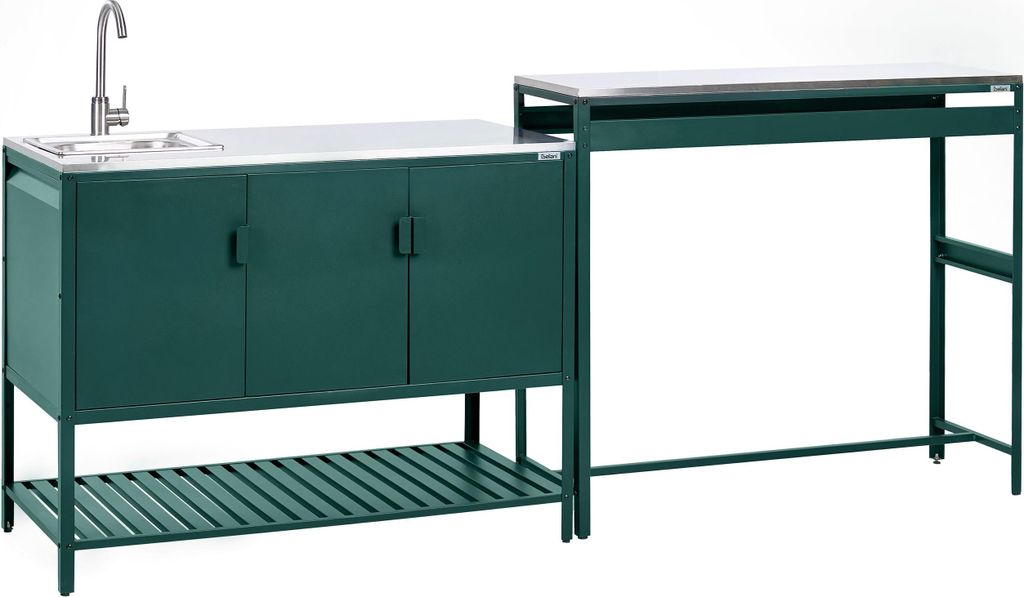 BELIANI Outdoor-Küche 2er Set Grün Stahl mit Spüle Bartisch Edelstahlplatte Modern Gartenküche Outdoor-Küchenmöbel Kücheninsel für Garten D...