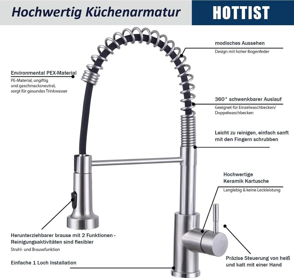 Rubinetto Cucina Acciaio Inox 304 Spazzolato Doccetta Professionale - 6