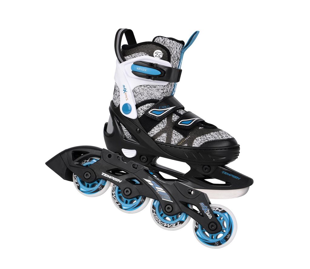 A pair of 2-in-1 inline skates and ice skates for children.