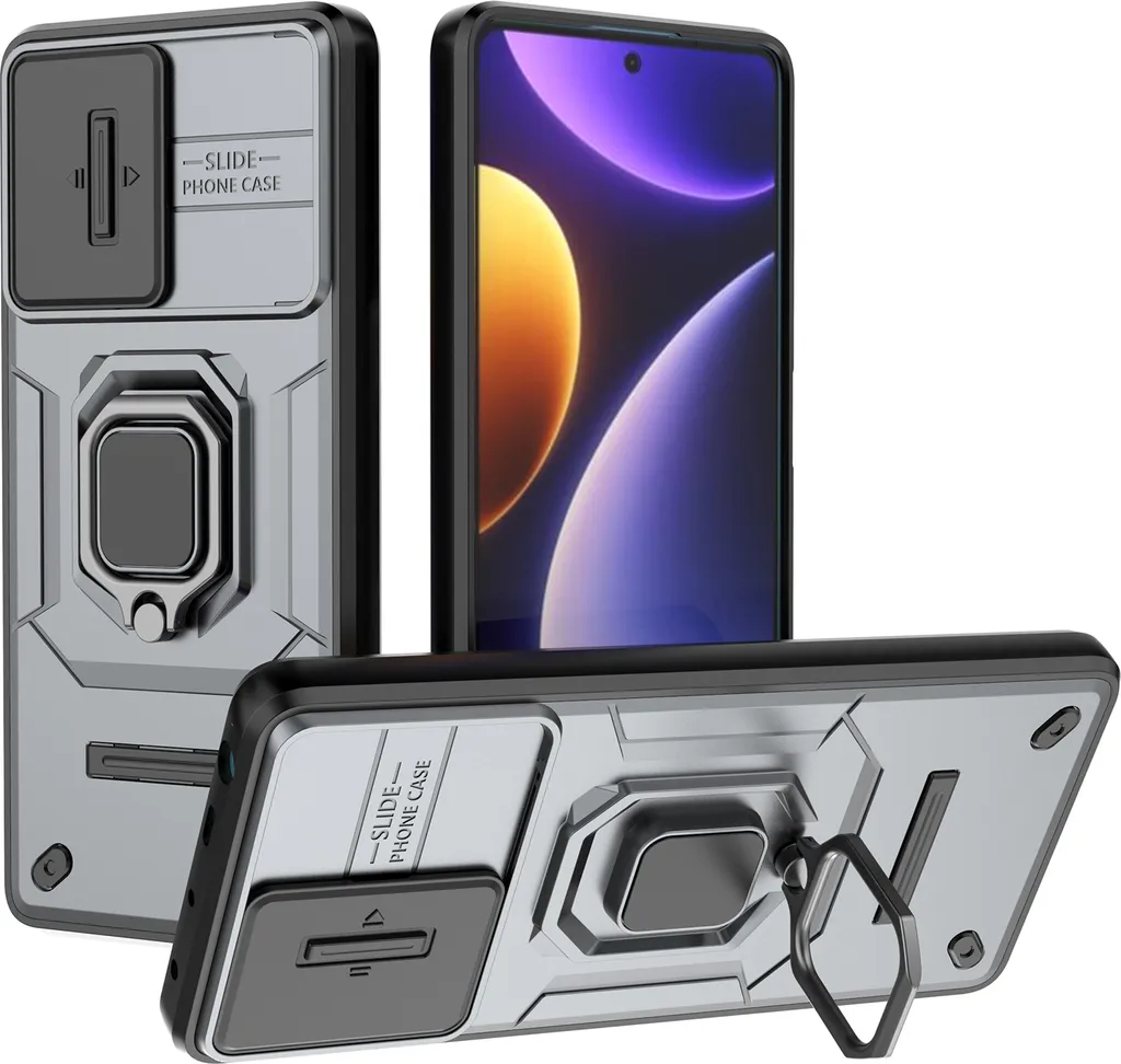 Custodia per Xiaomi Poco F5 /Redmi Note 12 Turbo a doppio strato con protezione scorrevole della fotocamera e supporto ad anello, stand Grey