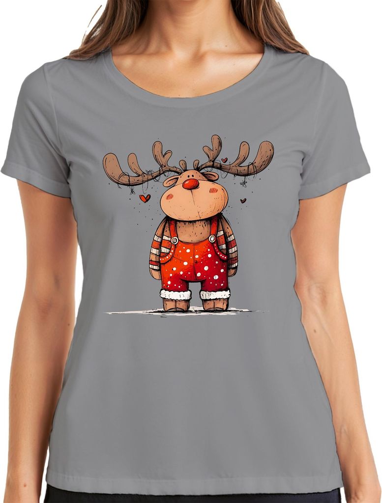 Niedliches Rentier Lichterkette Rotnase Weihnachten Geschenk Damen T-Shirt, Grau, XL