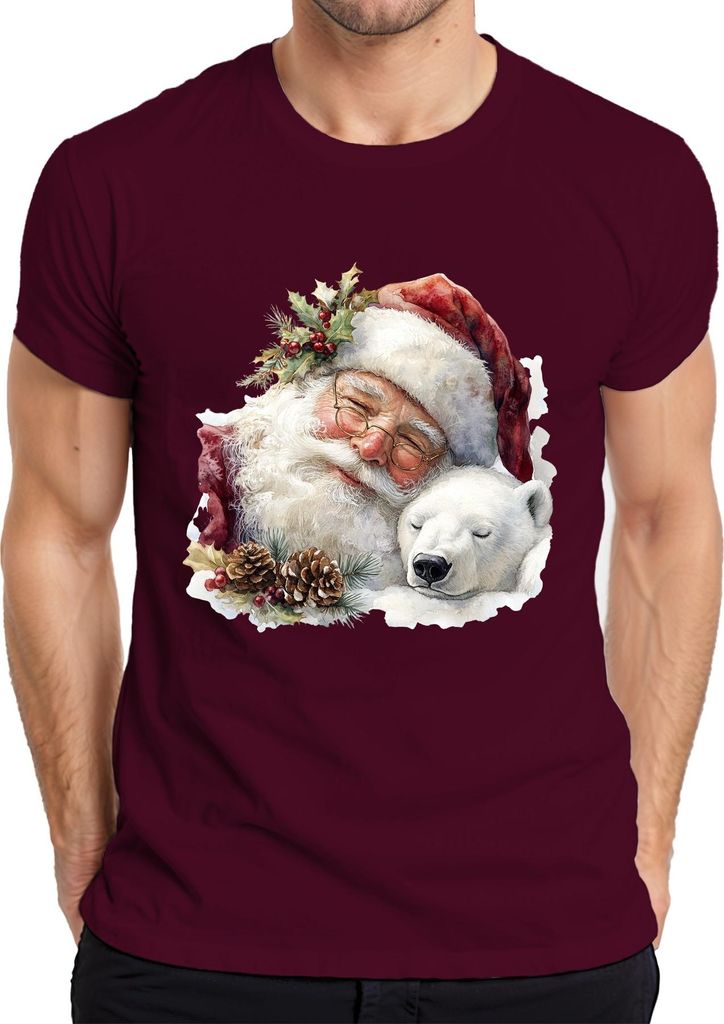 Weihnachtsmann Eisbär Tannenzapfen Weihnachten Aquarell Vintage Herren T-Shirt, Burgundy, M
