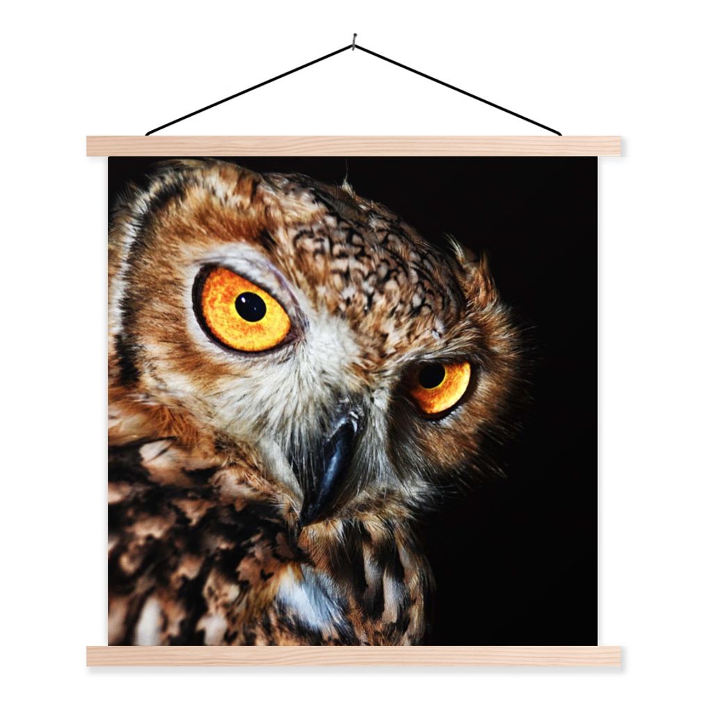 MuchoWow Textilposter Eule - Schwarz - Gelb 40x40 cm mit holzfarbenen Rahmen - Posterleiste