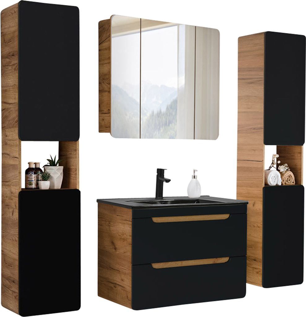 Badmöbel Komplett-Set in seidenmatt anthrazit mit Wotan Eiche Nb., 81 cm Waschtisch-Unterschrank mit Keramik-Waschbecken, LED-Spiegelschrank, 2 Ho...