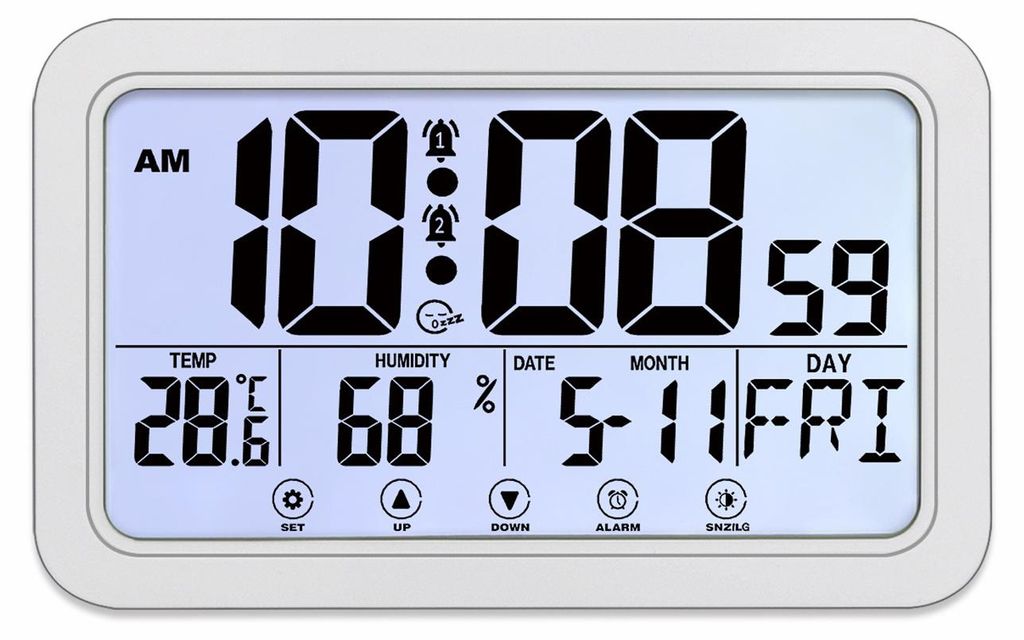 Beruehrbare, leuchtende Uhr, 12/24 Stunden Schlummerfunktion/Uhrzeit/Datum/Temperatur/Luftfeuchtigkeit/Zwei Alarmeinstellungen/Wochentag (8 Sprache...