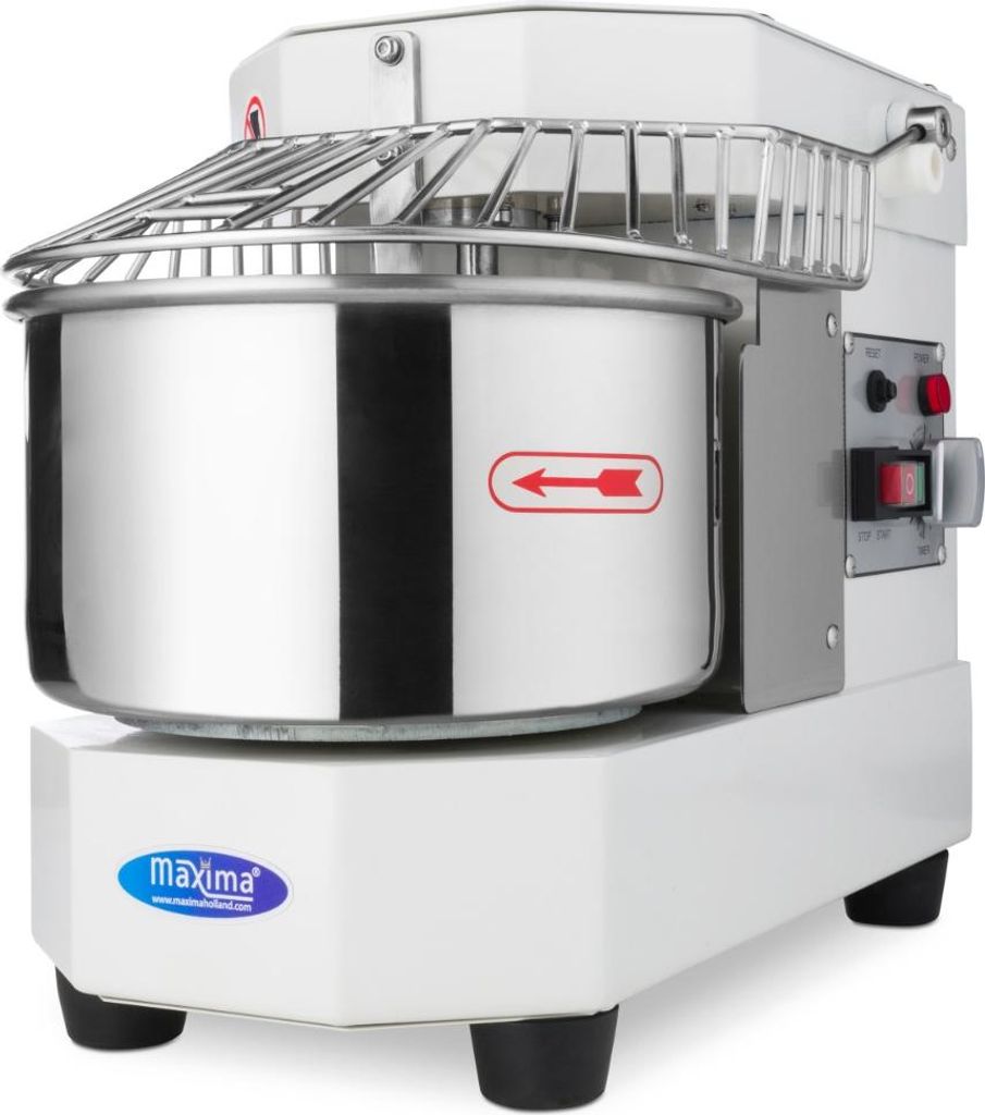 A white and silver dough mixer is shown from a three-quarter front view against a white background.